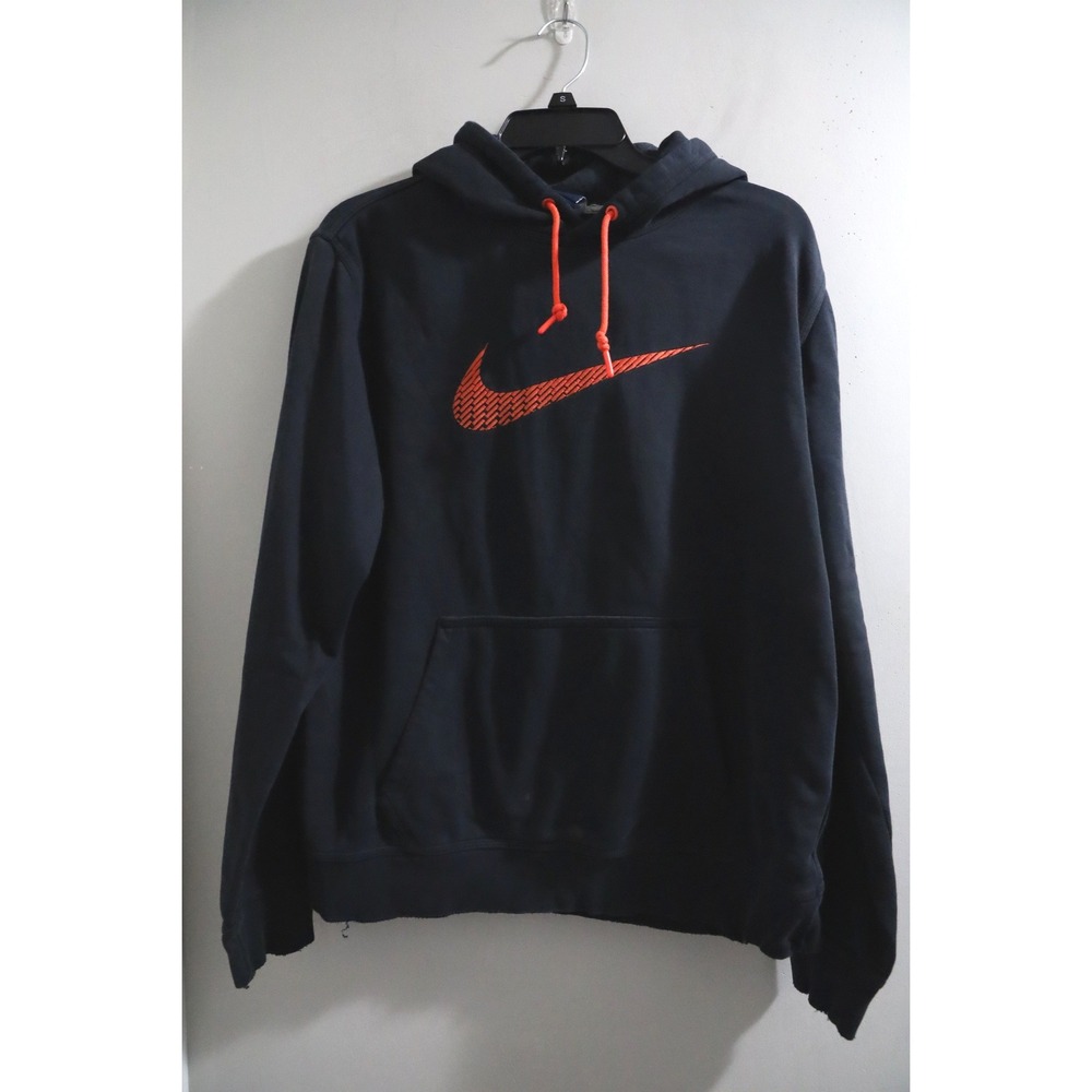 Nike Mens Hoodie Black Orange Swoosh Pullover Graphic Sweatshirt Distressed‎